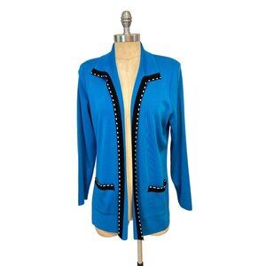 Exclusively Misook Womens Teal Cardigan Jacket W/ Black Trim Size Medium